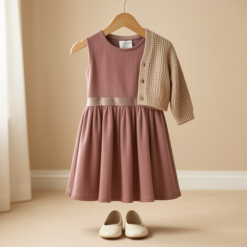 Robe pour enfant dans des tons rose poudré et taupe, présentée avec des ballerines crème et un petit cardigan coordonné.