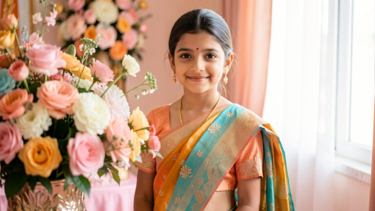 Jeune fille portant une tenue inspirée du sari, élégante et colorée, dans un décor fleuri pour une cérémonie.
