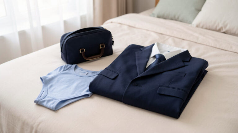 Sous-vêtement discret et confortable pour enfant présenté à côté d’une tenue de cérémonie et d’une petite valise de voyage.