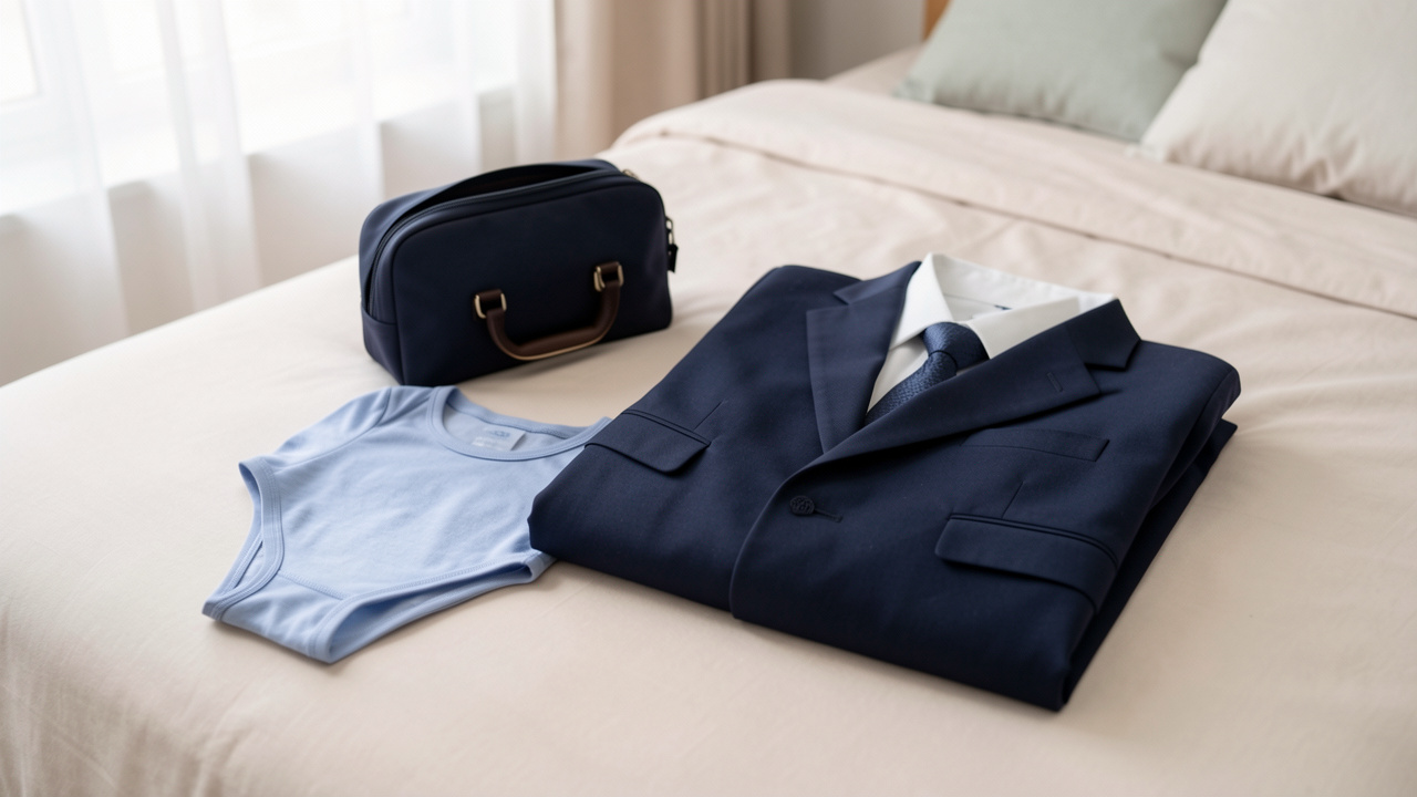 Sous-vêtement discret et confortable pour enfant présenté à côté d’une tenue de cérémonie et d’une petite valise de voyage.