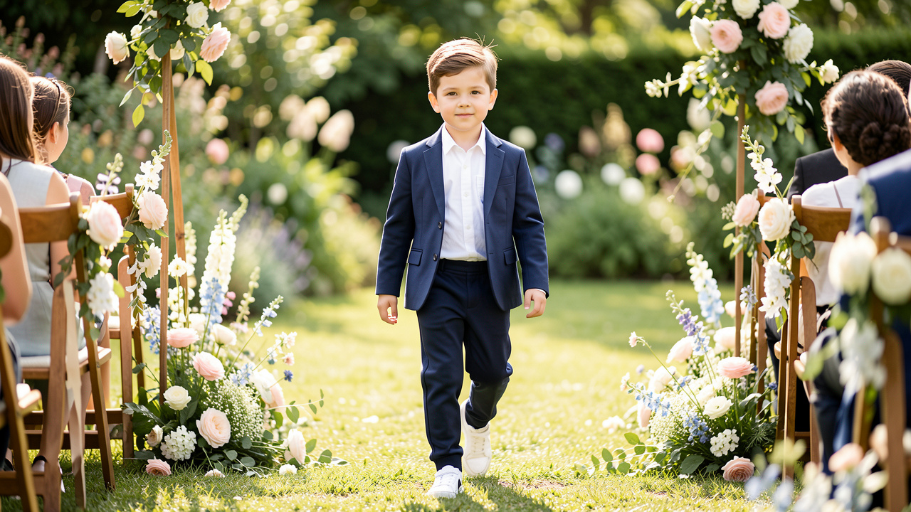 Jeune garçon portant un survêtement bleu marine élégant avec une chemise blanche et une veste légère dans un jardin décoré pour une cérémonie décontractée.