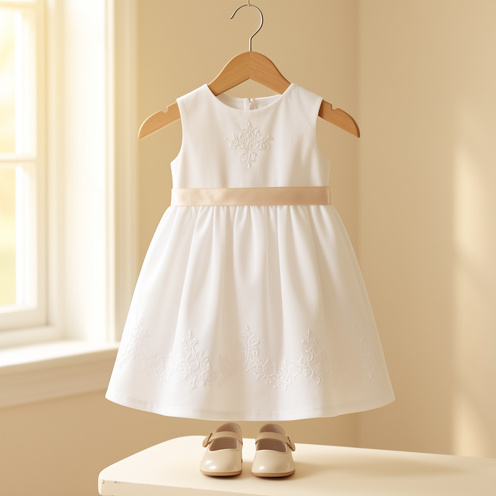 Tenue blanche de baptême pour enfant présentée sur un cintre en bois, avec broderies délicates, chaussures ivoire et lumière douce.