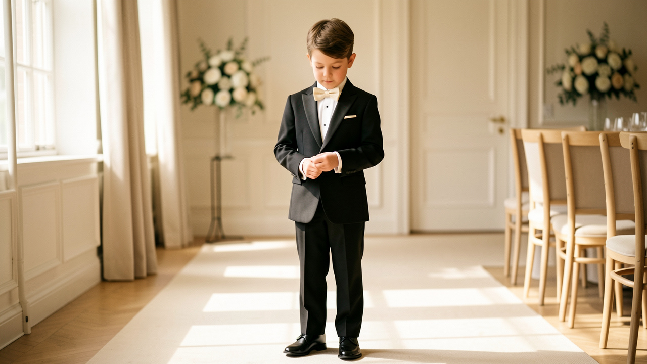 Jeune garçon portant une tenue de cérémonie élégante et confortable avec une veste noire, une chemise ivoire et un nœud papillon dans un décor raffiné.
