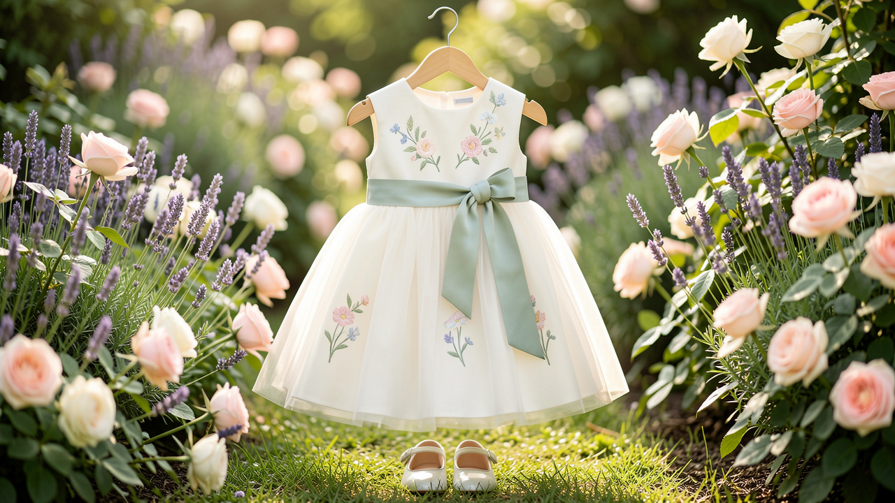 Tenue de cérémonie romantique pour enfant, composée d’une robe ivoire ornée de fleurs pastel, d’une ceinture vert sauge et d’accessoires assortis, présentée dans un décor de jardin fleuri.