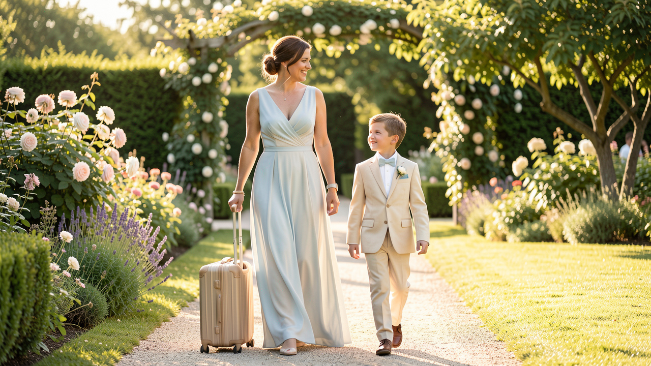 Une femme élégante accompagne un jeune garçon dans un jardin de mariage, tous deux vêtus de tenues chic et confortables aux tons bleu clair, crème et beige.