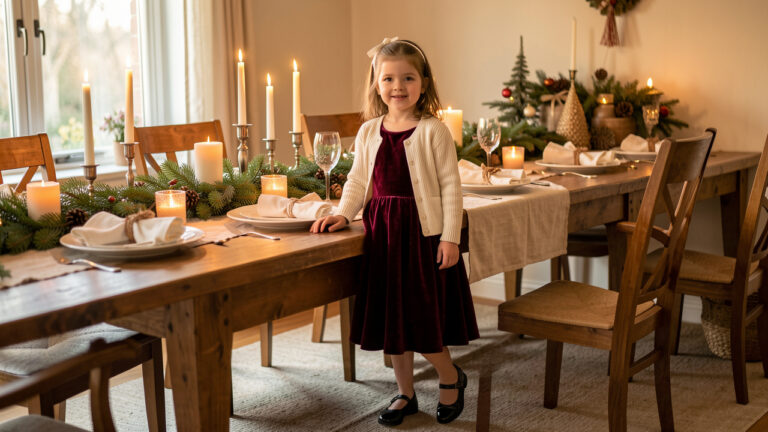 Jeune fille portant une robe élégante en velours bordeaux lors d’un repas familial autour des fêtes.