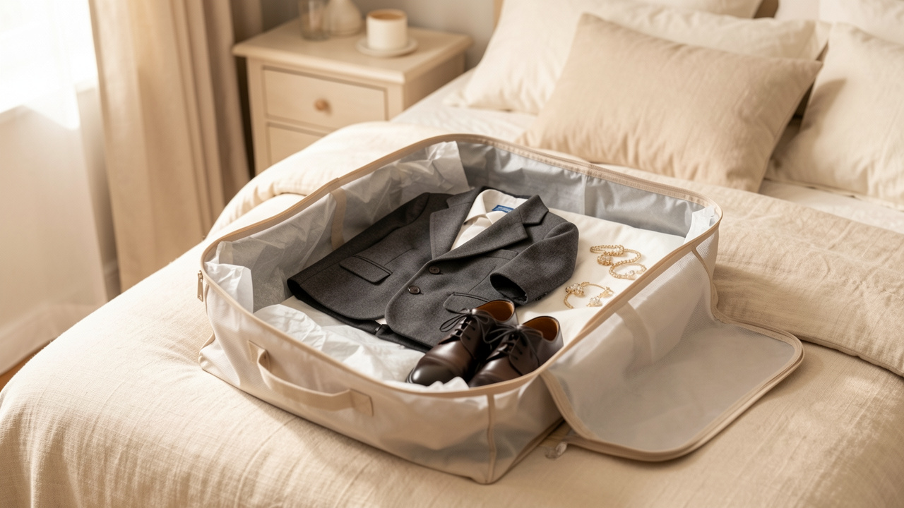 Tenue de cérémonie pour enfant soigneusement rangée dans une housse avec du papier de soie pour éviter les plis.