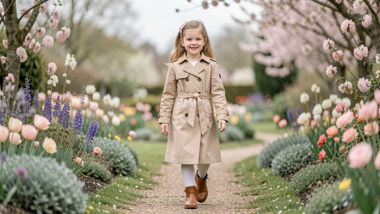 Jeune fille portant un trench-coat beige élégant dans un jardin lors d’une cérémonie de mi-saison.