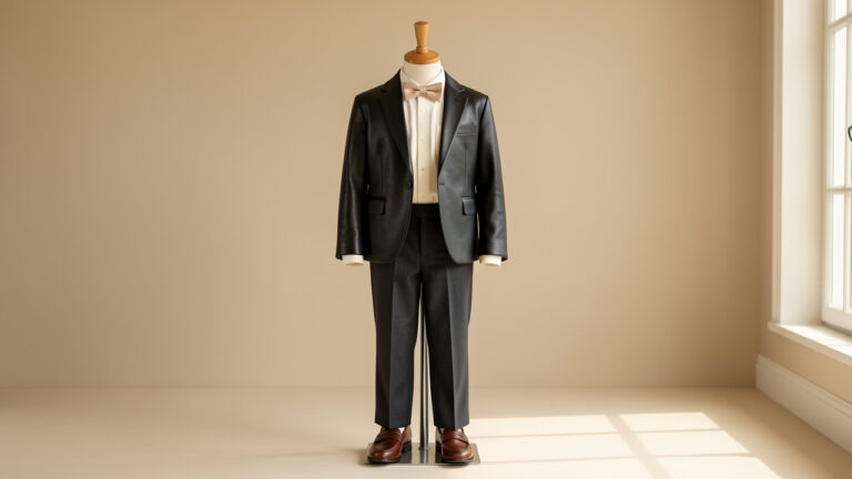 Veste en cuir noire pour enfant présentée avec une chemise ivoire, un pantalon gris élégant, des chaussures marron et un nœud papillon dans une mise en scène de cérémonie moderne.