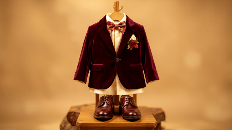 Veste élégante pour enfant en velours bordeaux, présentée avec des accessoires de fête dans une ambiance chaleureuse aux couleurs gourmandes.