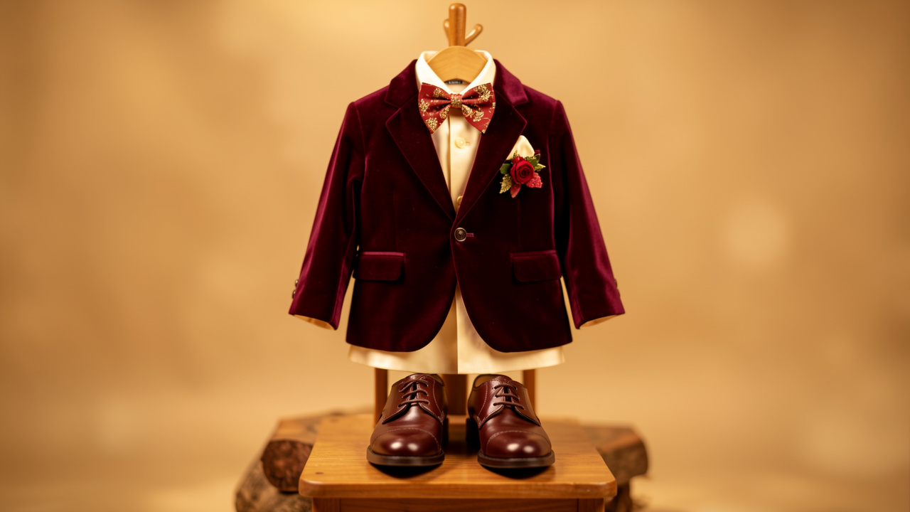 Veste élégante pour enfant en velours bordeaux, présentée avec des accessoires de fête dans une ambiance chaleureuse aux couleurs gourmandes.
